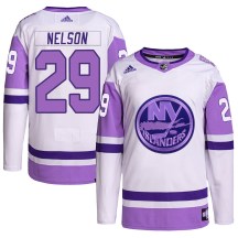 Men's Adidas New York Islanders Brock Nelson White/Purple Hockey Fights Cancer Primegreen Jersey - Authentic