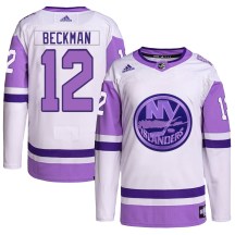 Men's Adidas New York Islanders Adam Beckman White/Purple Hockey Fights Cancer Primegreen Jersey - Authentic