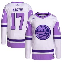 Men's Adidas New York Islanders Matt Martin White/Purple Hockey Fights Cancer Primegreen Jersey - Authentic