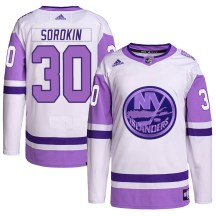 Men's Adidas New York Islanders Ilya Sorokin White/Purple Hockey Fights Cancer Primegreen Jersey - Authentic