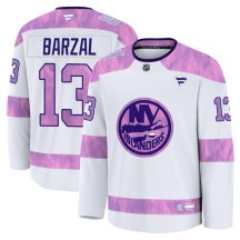 Men's Fanatics New York Islanders Mathew Barzal White 2024 Hockey Fights Cancer Practice Jersey - Premium