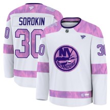 Men's Fanatics New York Islanders Ilya Sorokin White 2024 Hockey Fights Cancer Practice Jersey - Premium