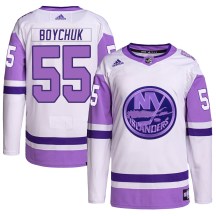 Youth Adidas New York Islanders Johnny Boychuk White/Purple Hockey Fights Cancer Primegreen Jersey - Authentic